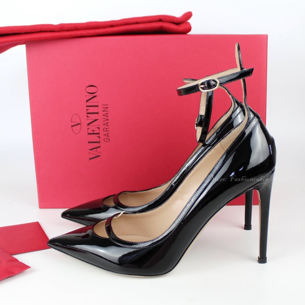 NEW Valentino Garavani Patent Leather Ankle Strap Stiletto Pumps Black EU 41
